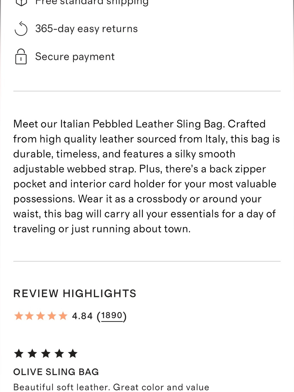 NWOT Quince Italian Pebbled Leather Sling Bag Cognac Crossbody Purse - Picture 8 of 15